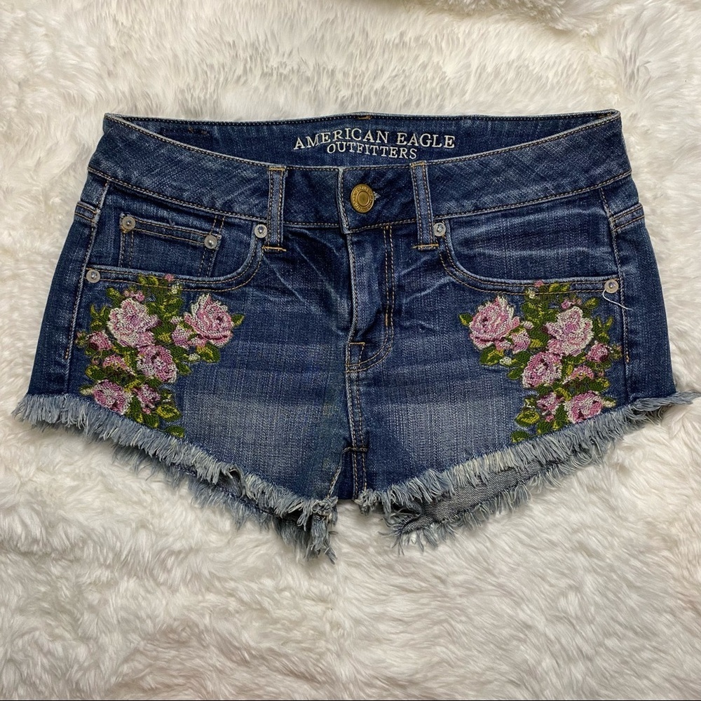 American Eagle Outfitters Embroidered Floral Denim Shorts Size 0